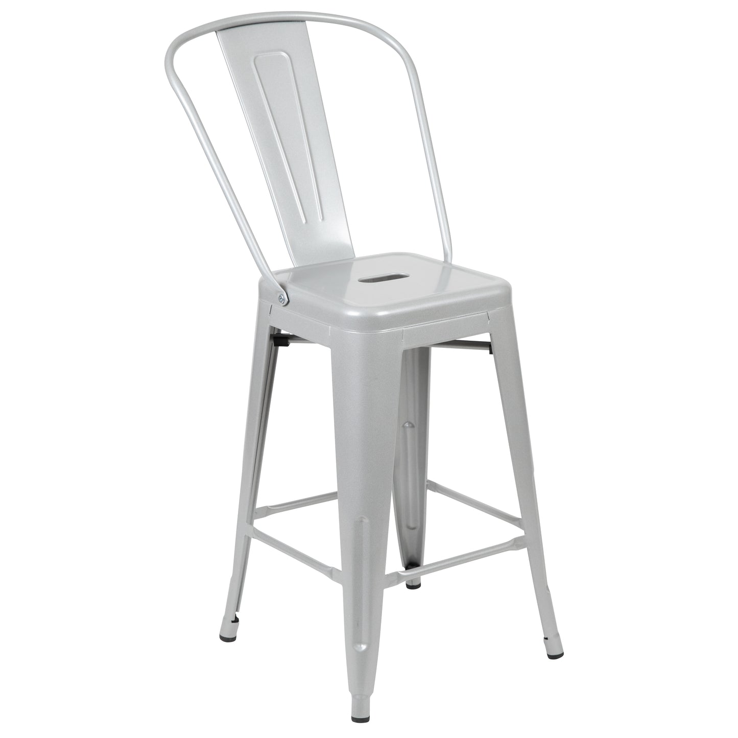 Kai Commercial Grade 24" High Silver Metal Indoor-Outdoor Counter Height Stool with Removable Back Silver
