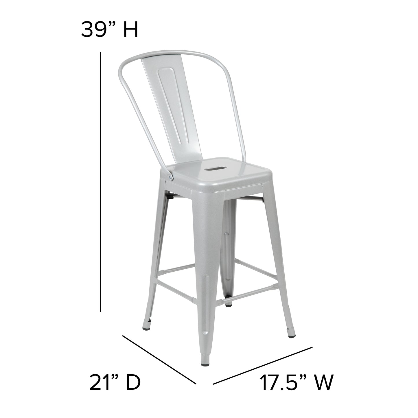 Kai Commercial Grade 24" High Silver Metal Indoor-Outdoor Counter Height Stool with Removable Back Silver