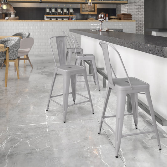 Kai Commercial Grade 24" High Silver Metal Indoor-Outdoor Counter Height Stool with Removable Back Silver