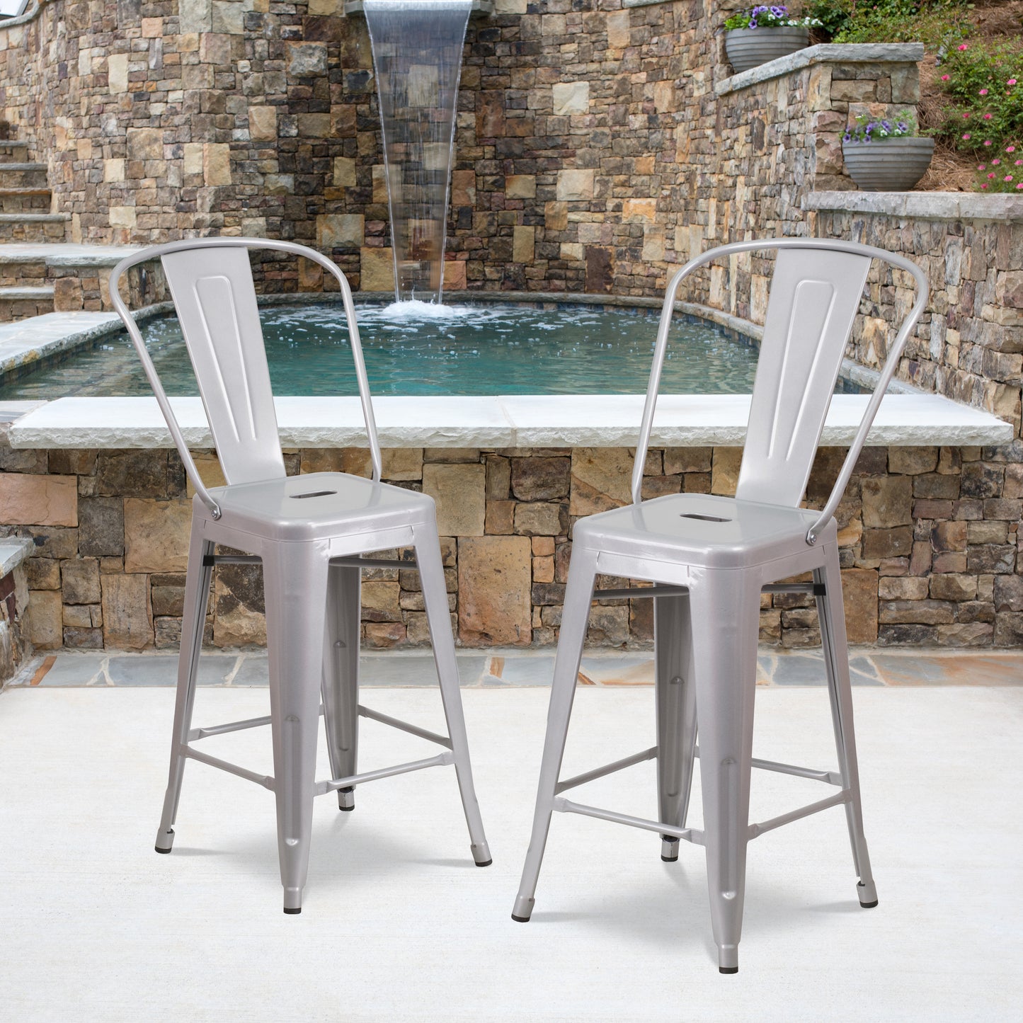 Kai Commercial Grade 24" High Silver Metal Indoor-Outdoor Counter Height Stool with Removable Back Silver