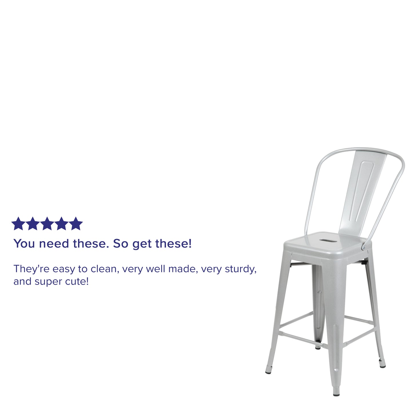 Kai Commercial Grade 24" High Silver Metal Indoor-Outdoor Counter Height Stool with Removable Back Silver