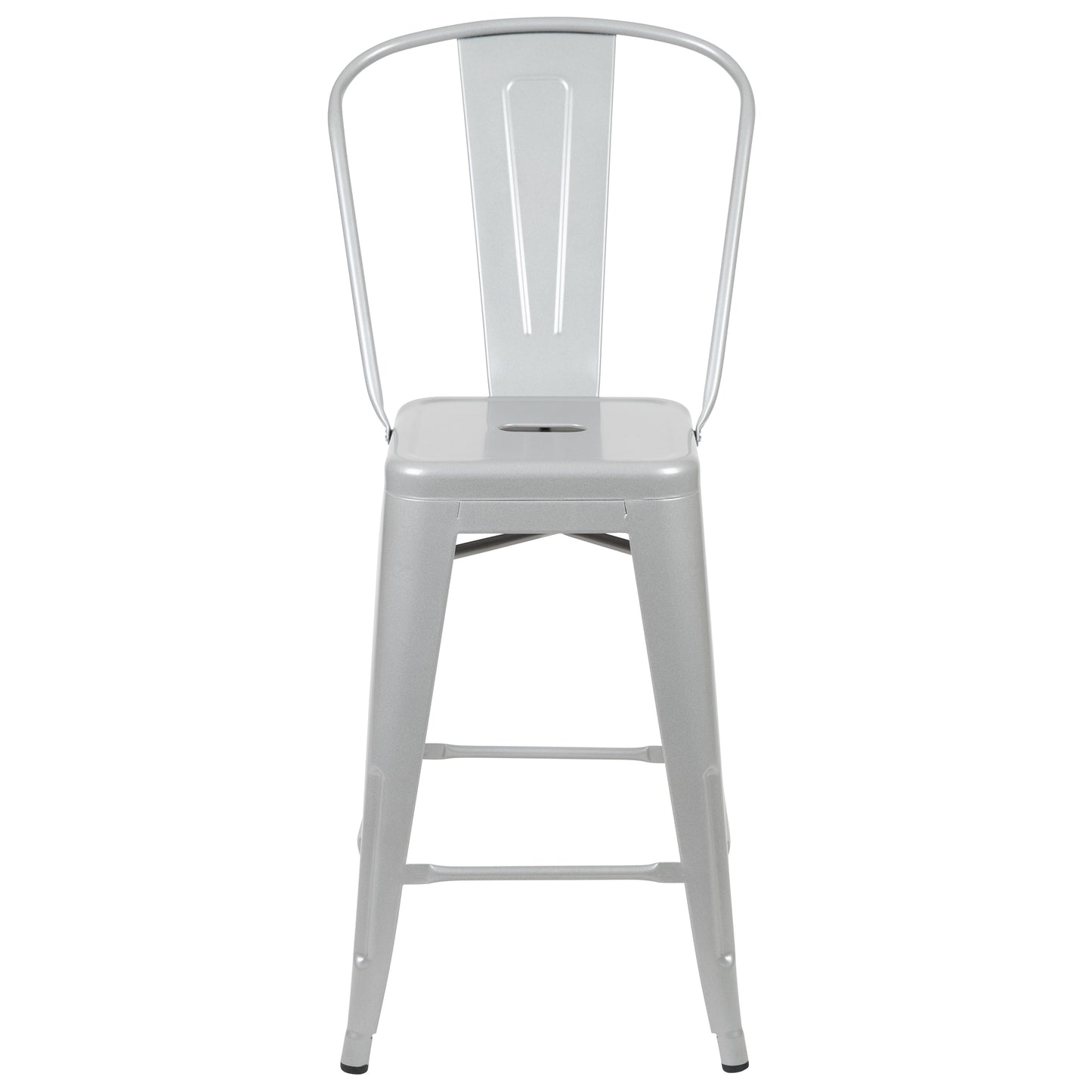 Kai Commercial Grade 24" High Silver Metal Indoor-Outdoor Counter Height Stool with Removable Back Silver