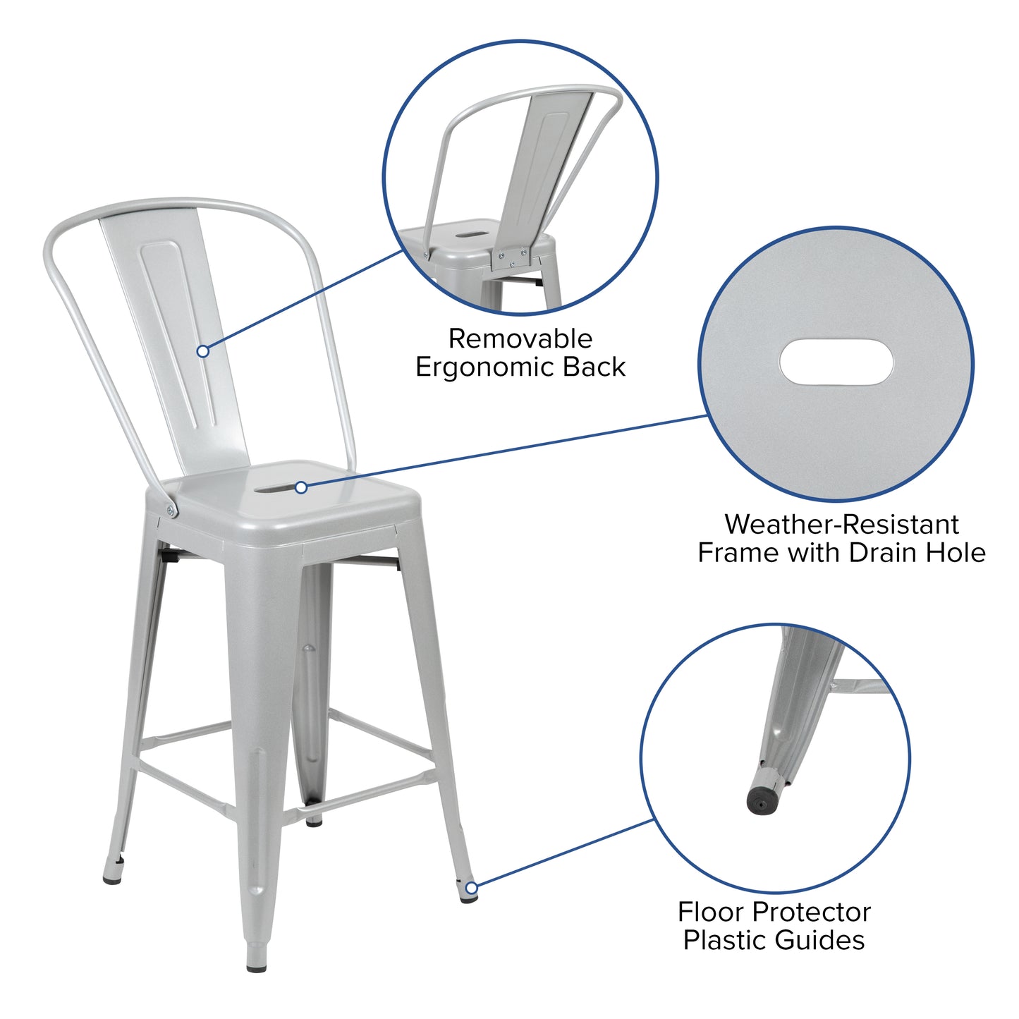 Kai Commercial Grade 24" High Silver Metal Indoor-Outdoor Counter Height Stool with Removable Back Silver