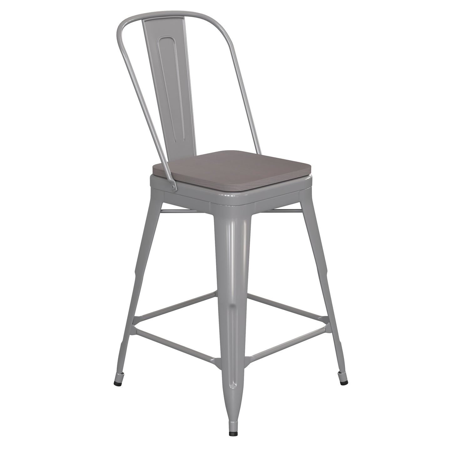 Kai Commercial Grade 24" High Silver Metal Indoor-Outdoor Counter Height Stool with Removable Back and Gray All-Weather Poly Resin Seat Gray Seat/Silver Frame