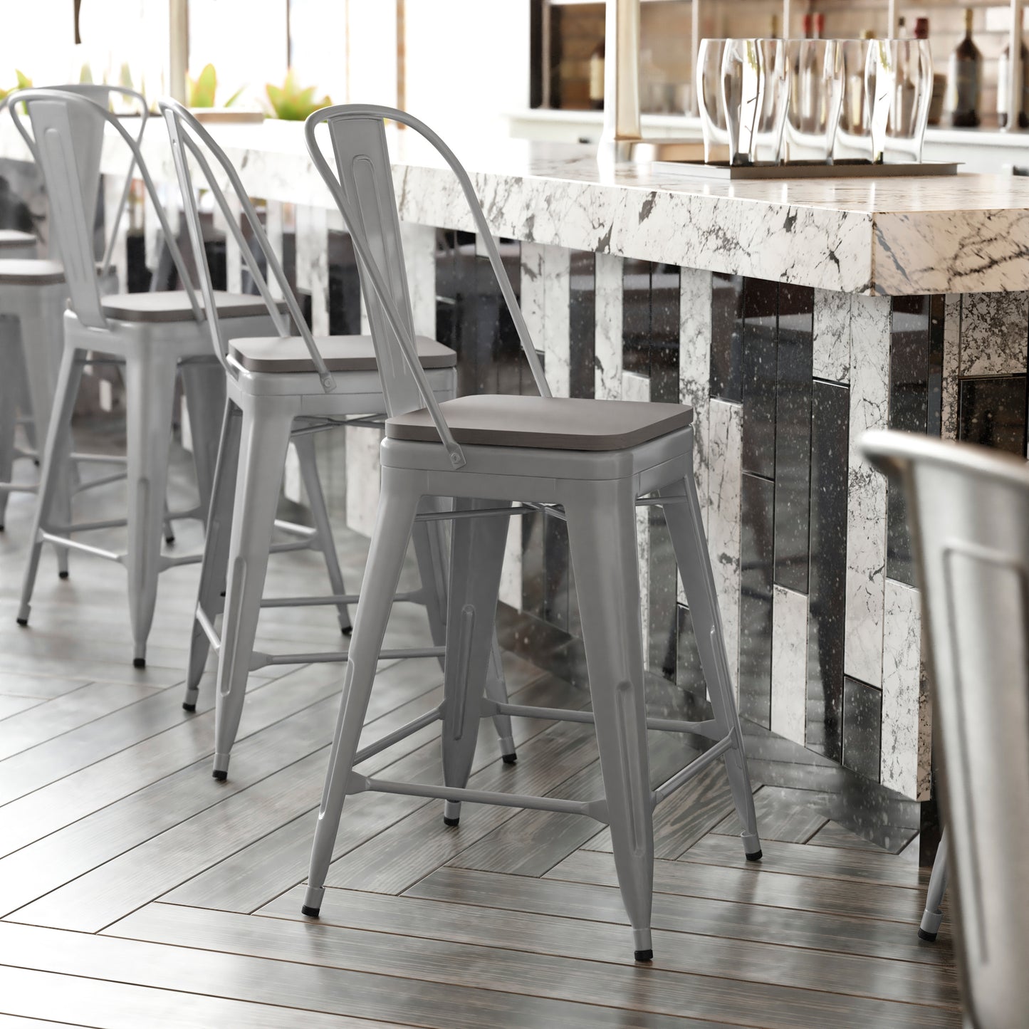 Kai Commercial Grade 24" High Silver Metal Indoor-Outdoor Counter Height Stool with Removable Back and Gray All-Weather Poly Resin Seat Gray Seat/Silver Frame