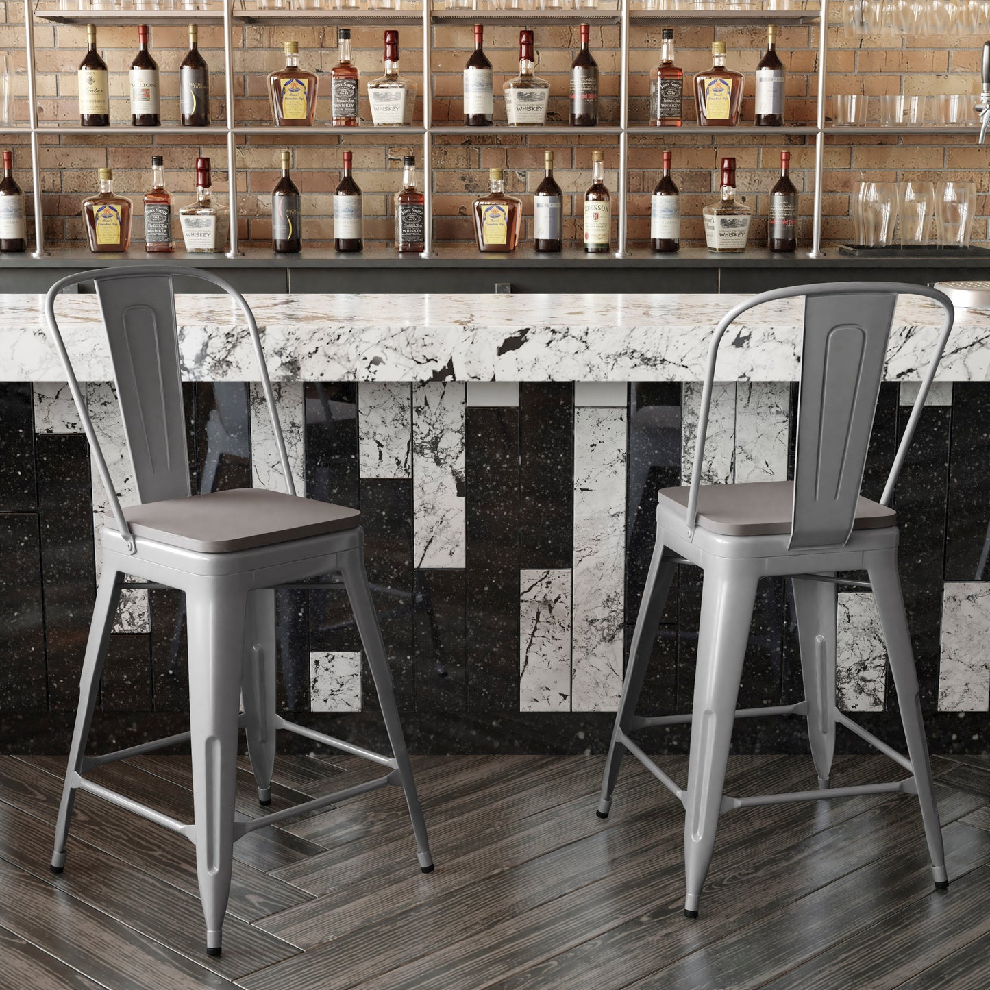Kai Commercial Grade 24" High Silver Metal Indoor-Outdoor Counter Height Stool with Removable Back and Gray All-Weather Poly Resin Seat Gray Seat/Silver Frame