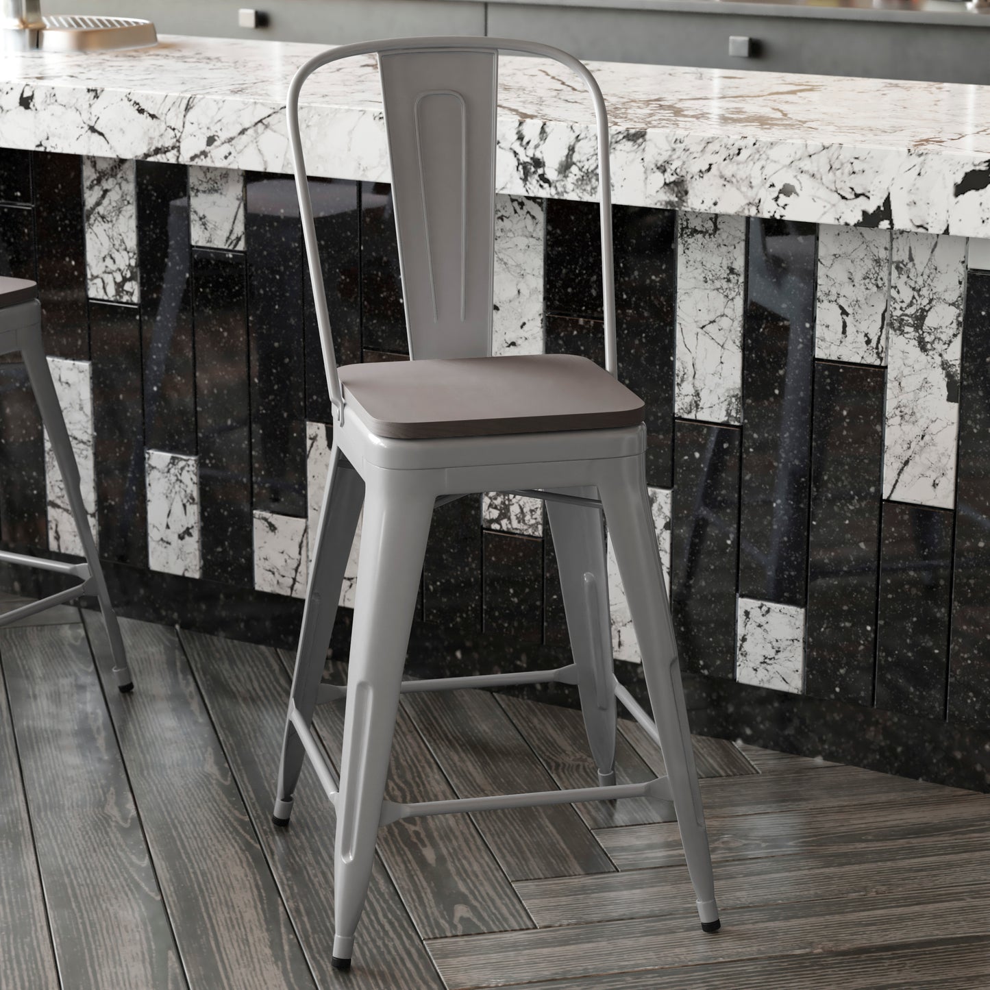 Kai Commercial Grade 24" High Silver Metal Indoor-Outdoor Counter Height Stool with Removable Back and Gray All-Weather Poly Resin Seat Gray Seat/Silver Frame