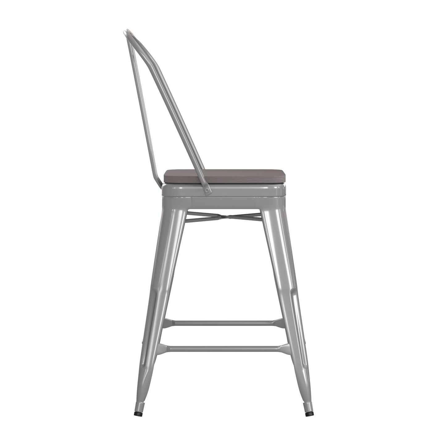 Kai Commercial Grade 24" High Silver Metal Indoor-Outdoor Counter Height Stool with Removable Back and Gray All-Weather Poly Resin Seat Gray Seat/Silver Frame