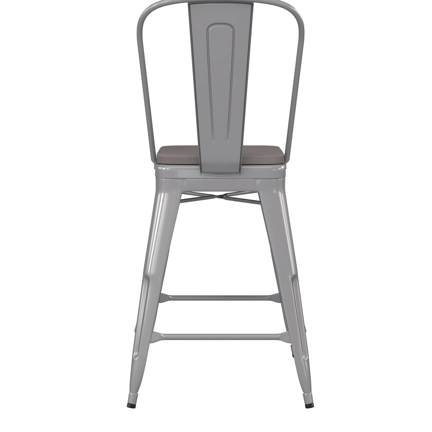 Kai Commercial Grade 24" High Silver Metal Indoor-Outdoor Counter Height Stool with Removable Back and Gray All-Weather Poly Resin Seat Gray Seat/Silver Frame