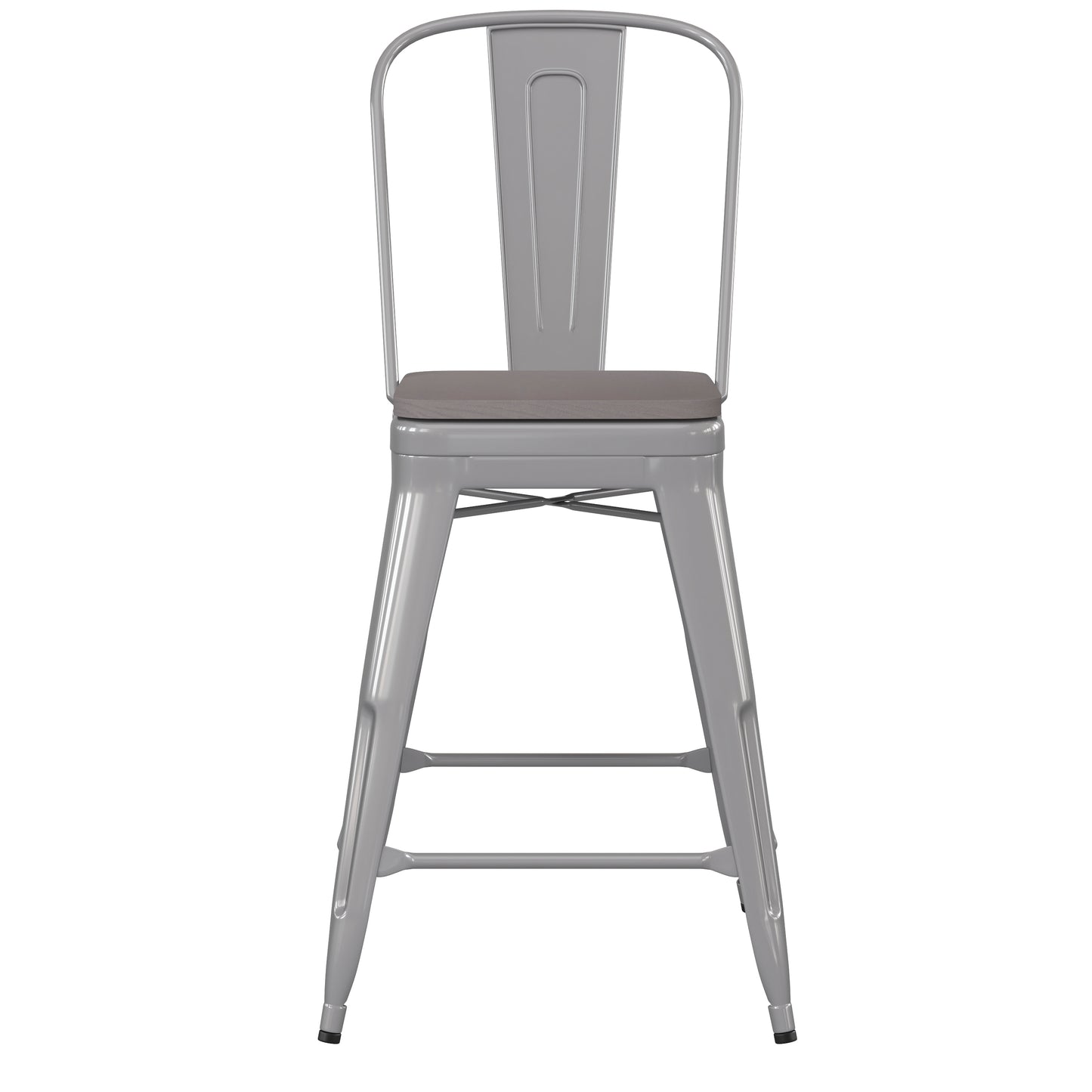 Kai Commercial Grade 24" High Silver Metal Indoor-Outdoor Counter Height Stool with Removable Back and Gray All-Weather Poly Resin Seat Gray Seat/Silver Frame
