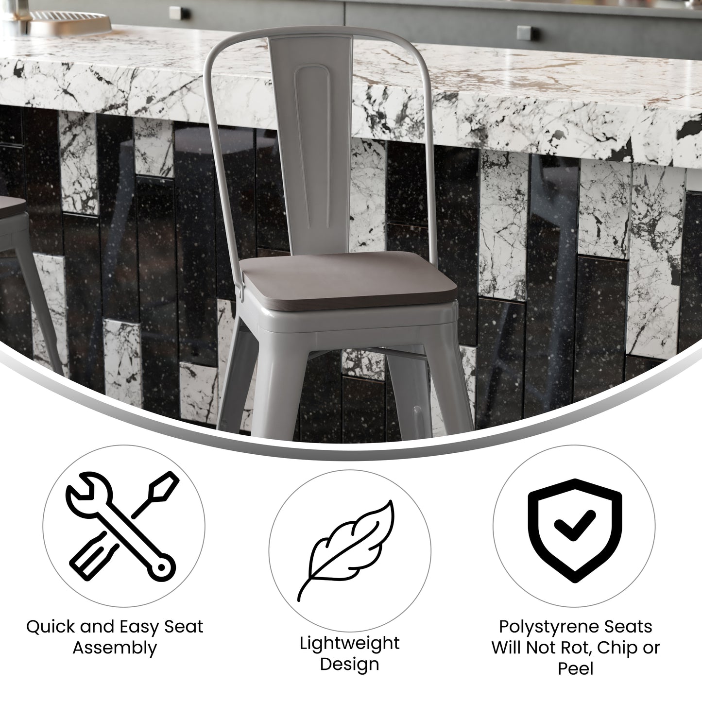 Kai Commercial Grade 24" High Silver Metal Indoor-Outdoor Counter Height Stool with Removable Back and Gray All-Weather Poly Resin Seat Gray Seat/Silver Frame