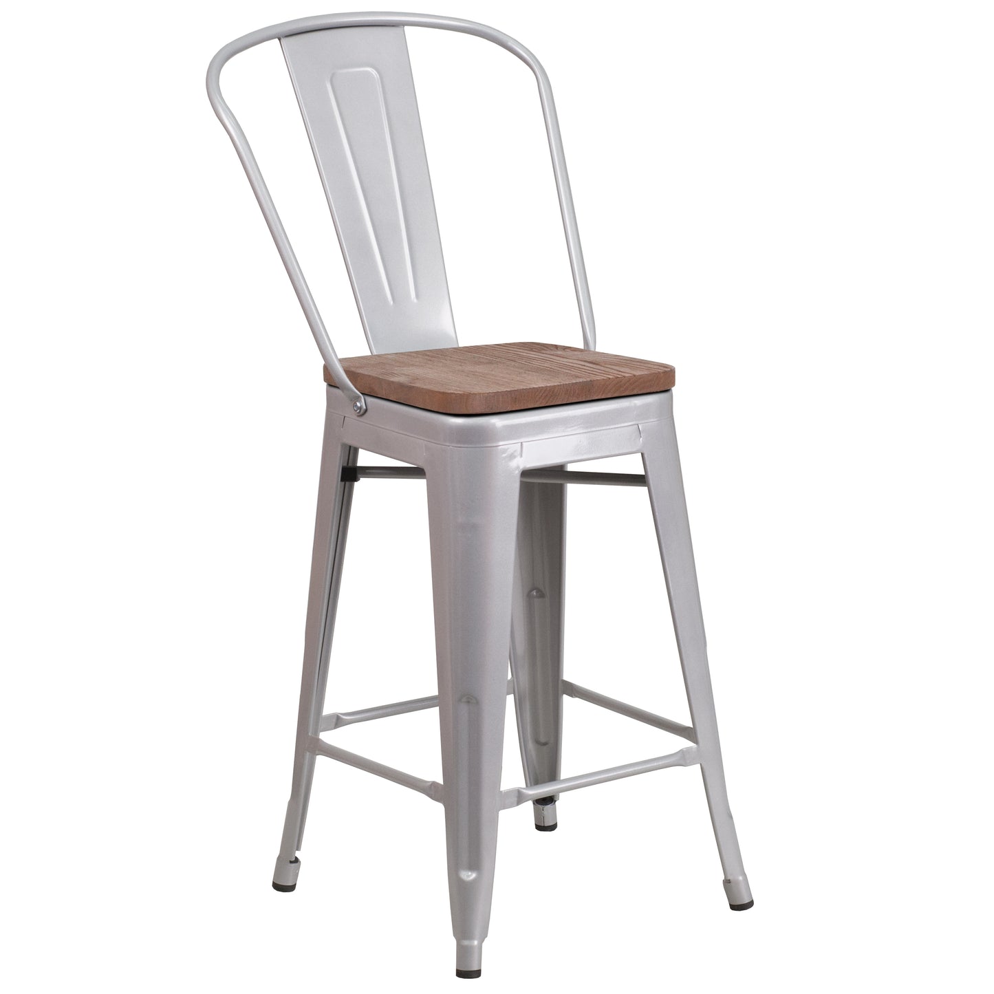 Lily 24" High Silver Metal Counter Height Stool with Back and Wood Seat Silver