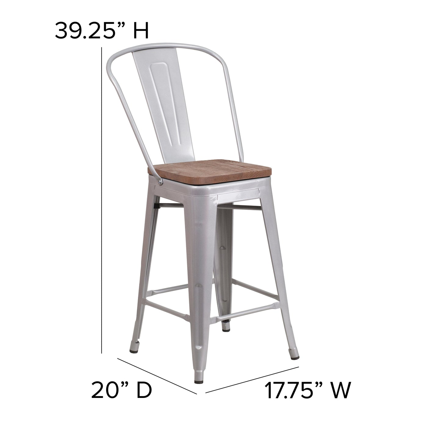 Lily 24" High Silver Metal Counter Height Stool with Back and Wood Seat Silver
