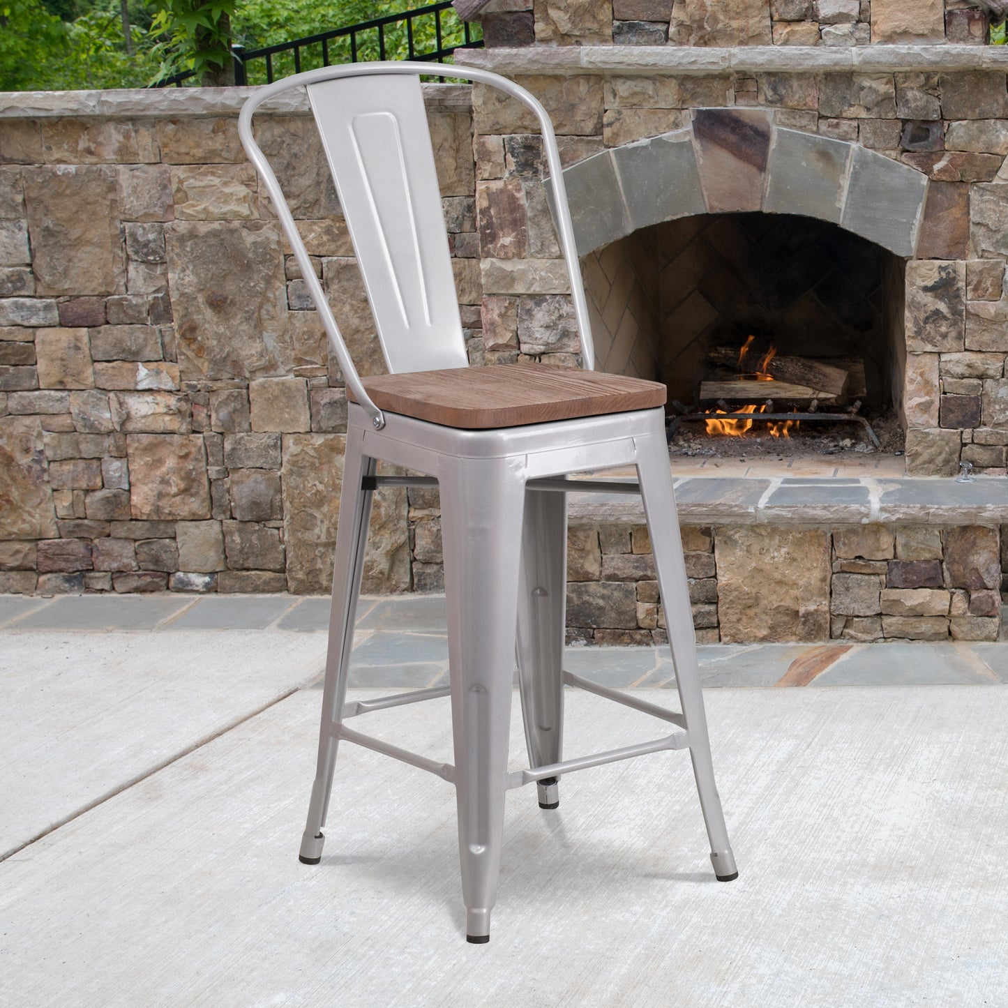 Lily 24" High Silver Metal Counter Height Stool with Back and Wood Seat Silver