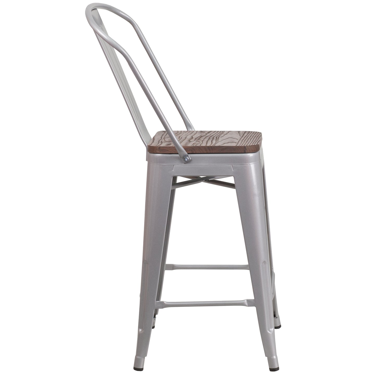 Lily 24" High Silver Metal Counter Height Stool with Back and Wood Seat Silver