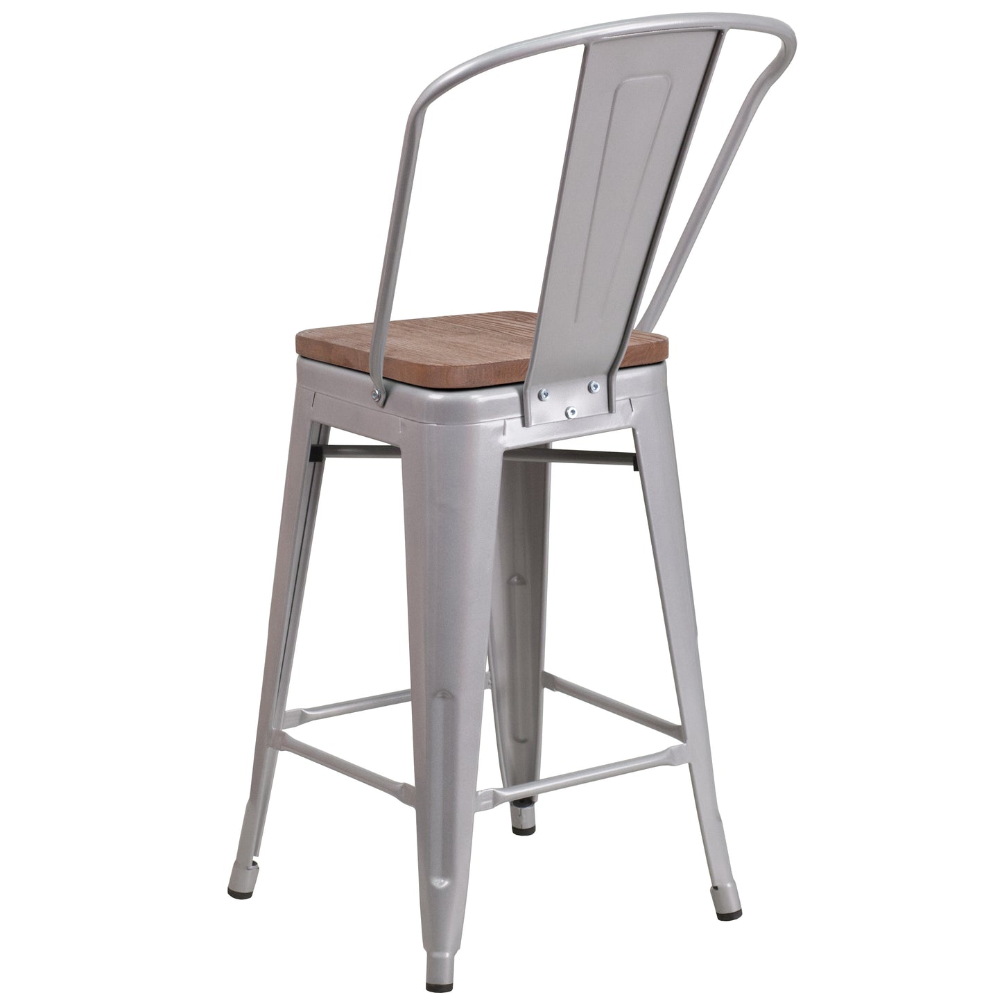 Lily 24" High Silver Metal Counter Height Stool with Back and Wood Seat Silver