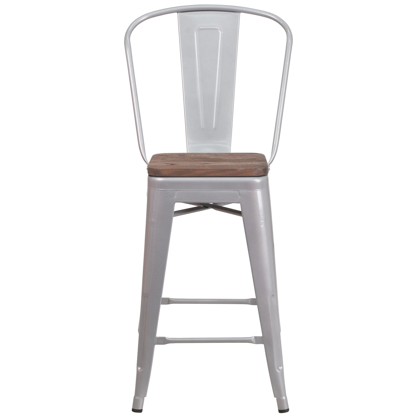 Lily 24" High Silver Metal Counter Height Stool with Back and Wood Seat Silver