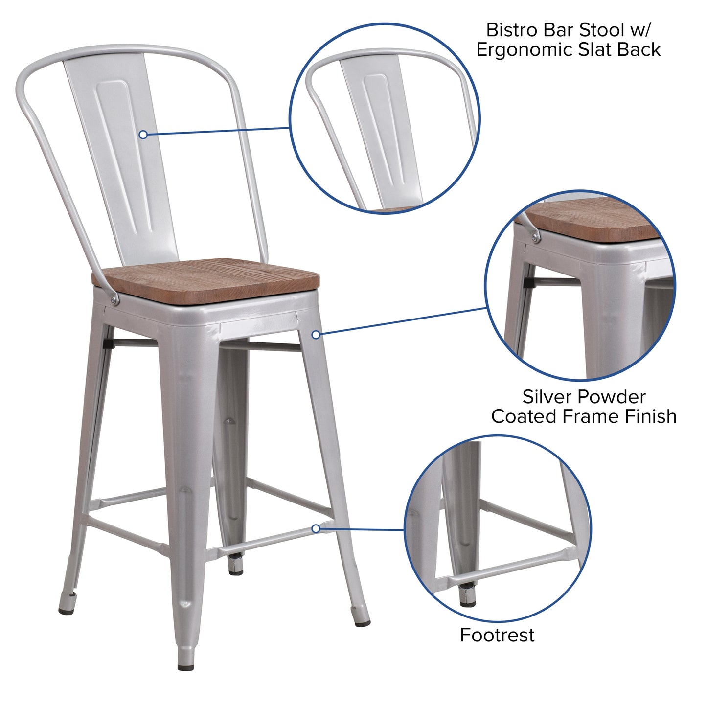 Lily 24" High Silver Metal Counter Height Stool with Back and Wood Seat Silver
