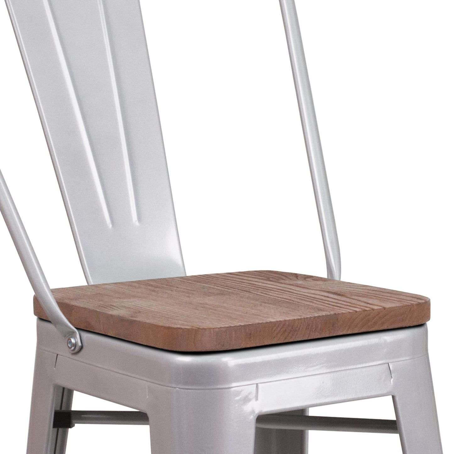 Lily 24" High Silver Metal Counter Height Stool with Back and Wood Seat Silver