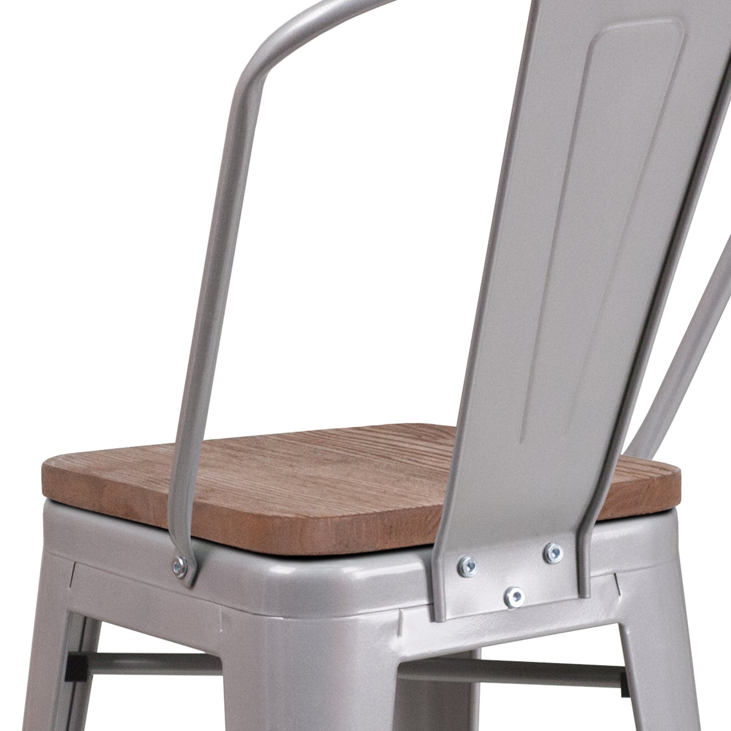Lily 24" High Silver Metal Counter Height Stool with Back and Wood Seat Silver