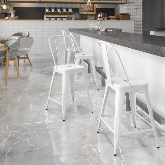 Kai Commercial Grade 24" High White Metal Indoor-Outdoor Counter Height Stool with Removable Back White