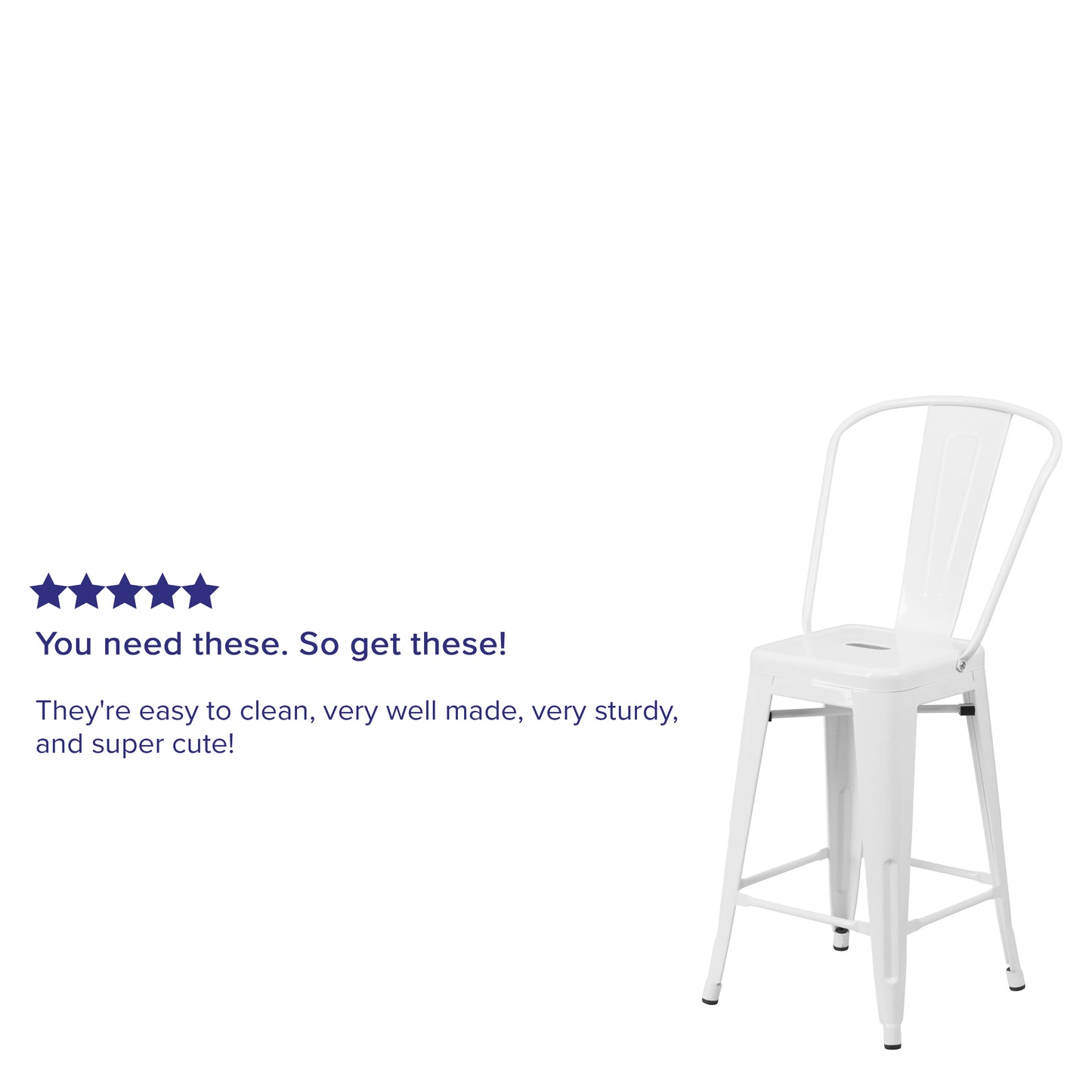 Kai Commercial Grade 24" High White Metal Indoor-Outdoor Counter Height Stool with Removable Back White