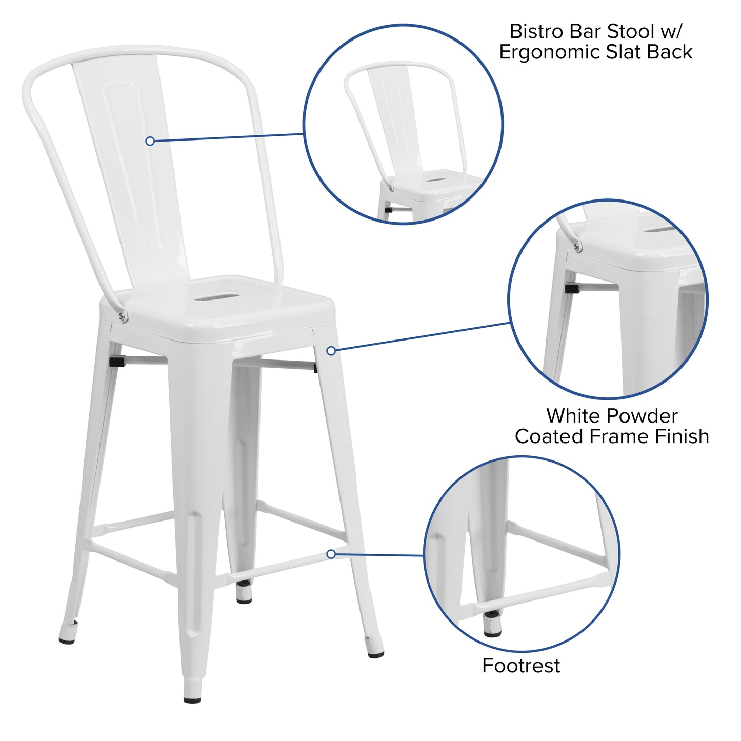 Kai Commercial Grade 24" High White Metal Indoor-Outdoor Counter Height Stool with Removable Back White