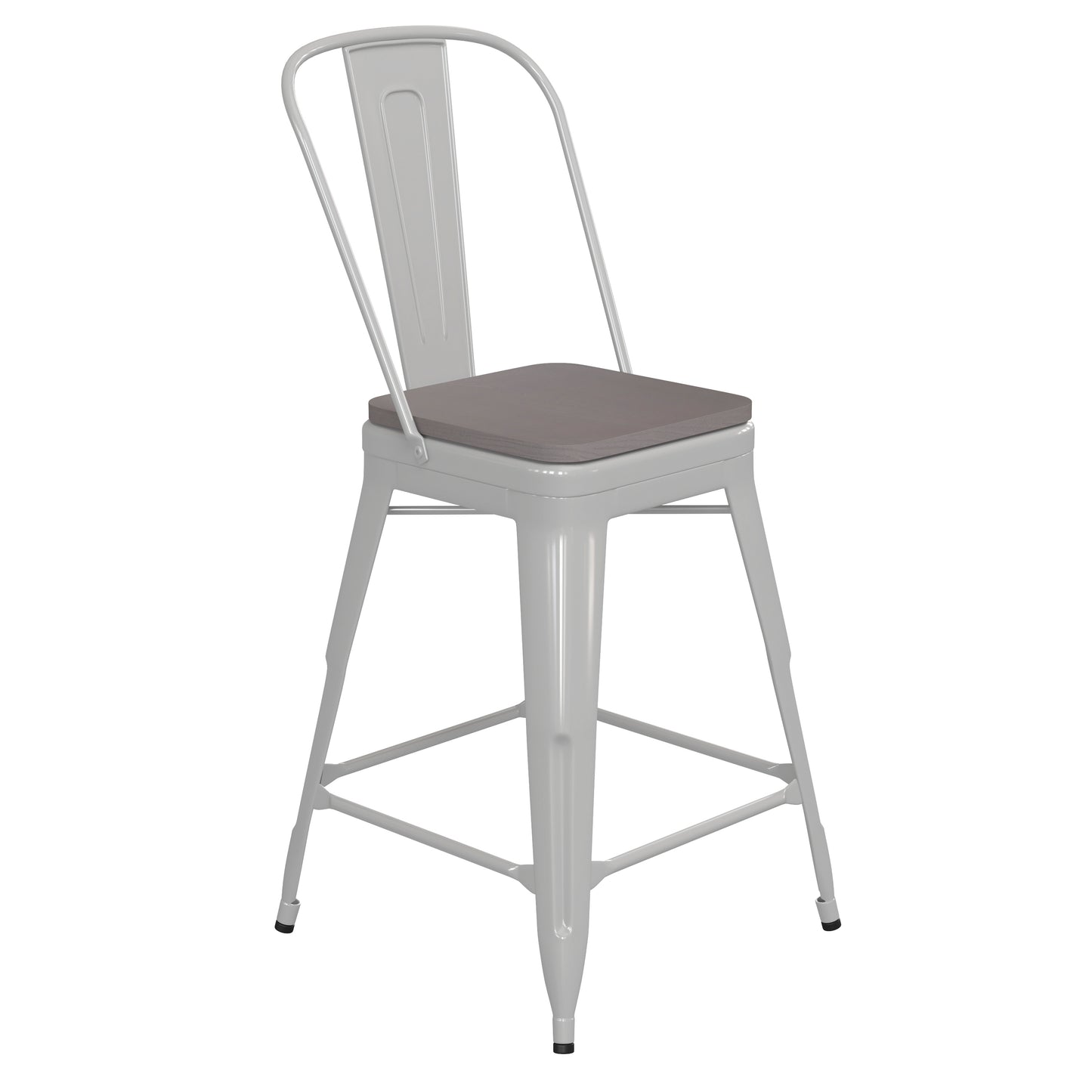 Kai Commercial Grade 24" High White Metal Indoor-Outdoor Counter Height Stool with Removable Back and Gray All-Weather Poly Resin Seat Gray Seat/White Frame