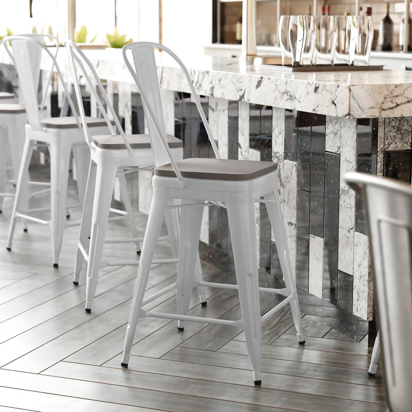 Kai Commercial Grade 24" High White Metal Indoor-Outdoor Counter Height Stool with Removable Back and Gray All-Weather Poly Resin Seat Gray Seat/White Frame