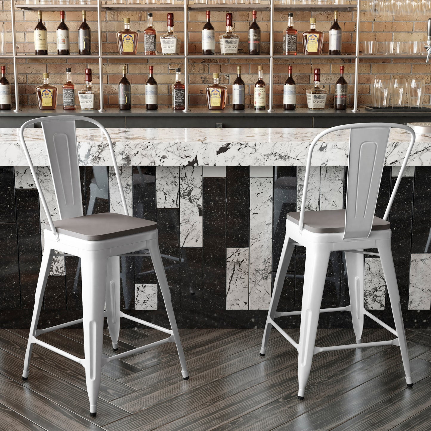 Kai Commercial Grade 24" High White Metal Indoor-Outdoor Counter Height Stool with Removable Back and Gray All-Weather Poly Resin Seat Gray Seat/White Frame