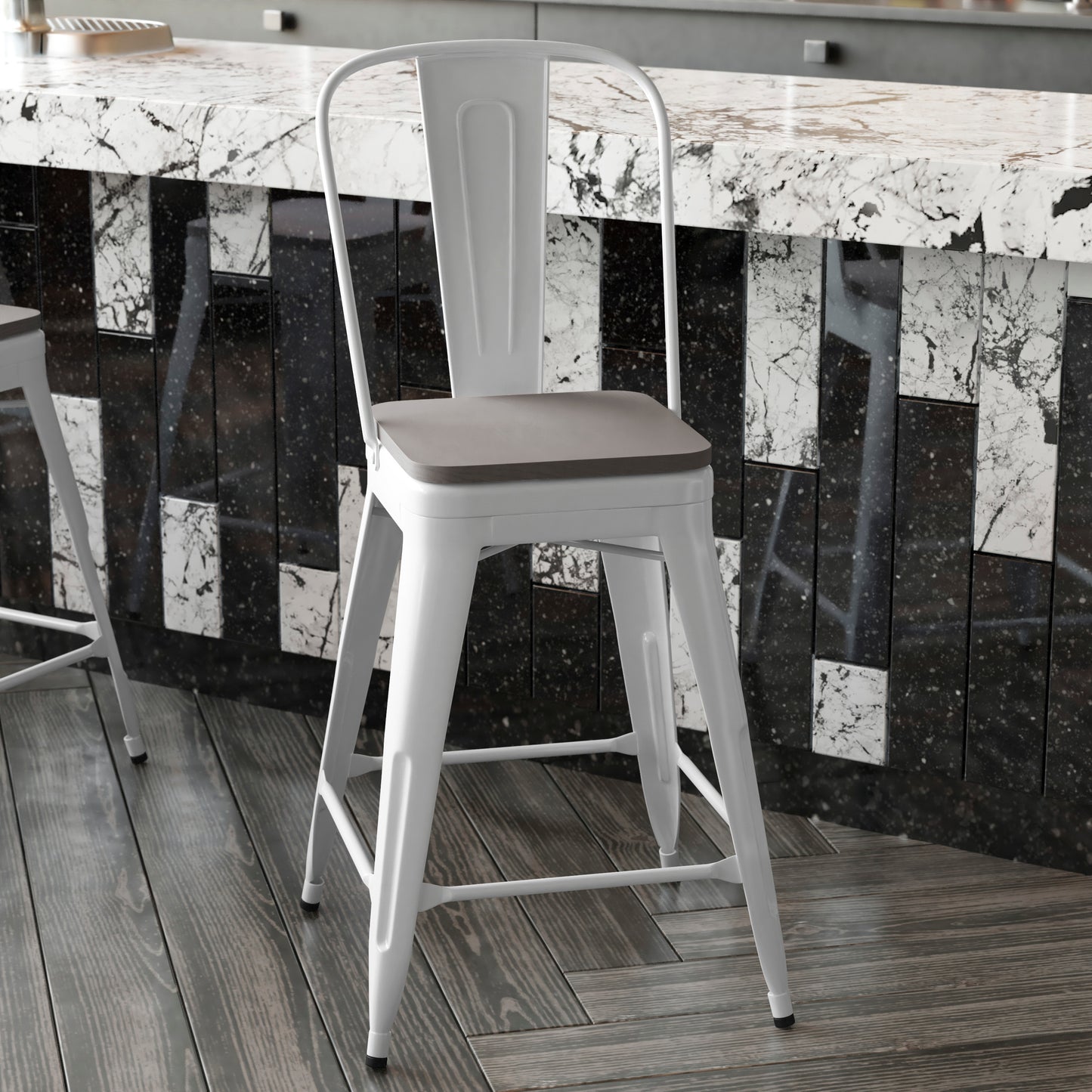 Kai Commercial Grade 24" High White Metal Indoor-Outdoor Counter Height Stool with Removable Back and Gray All-Weather Poly Resin Seat Gray Seat/White Frame