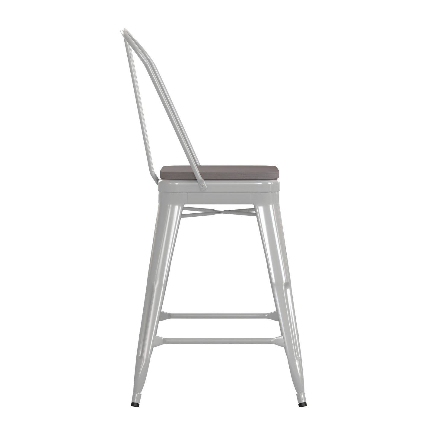 Kai Commercial Grade 24" High White Metal Indoor-Outdoor Counter Height Stool with Removable Back and Gray All-Weather Poly Resin Seat Gray Seat/White Frame