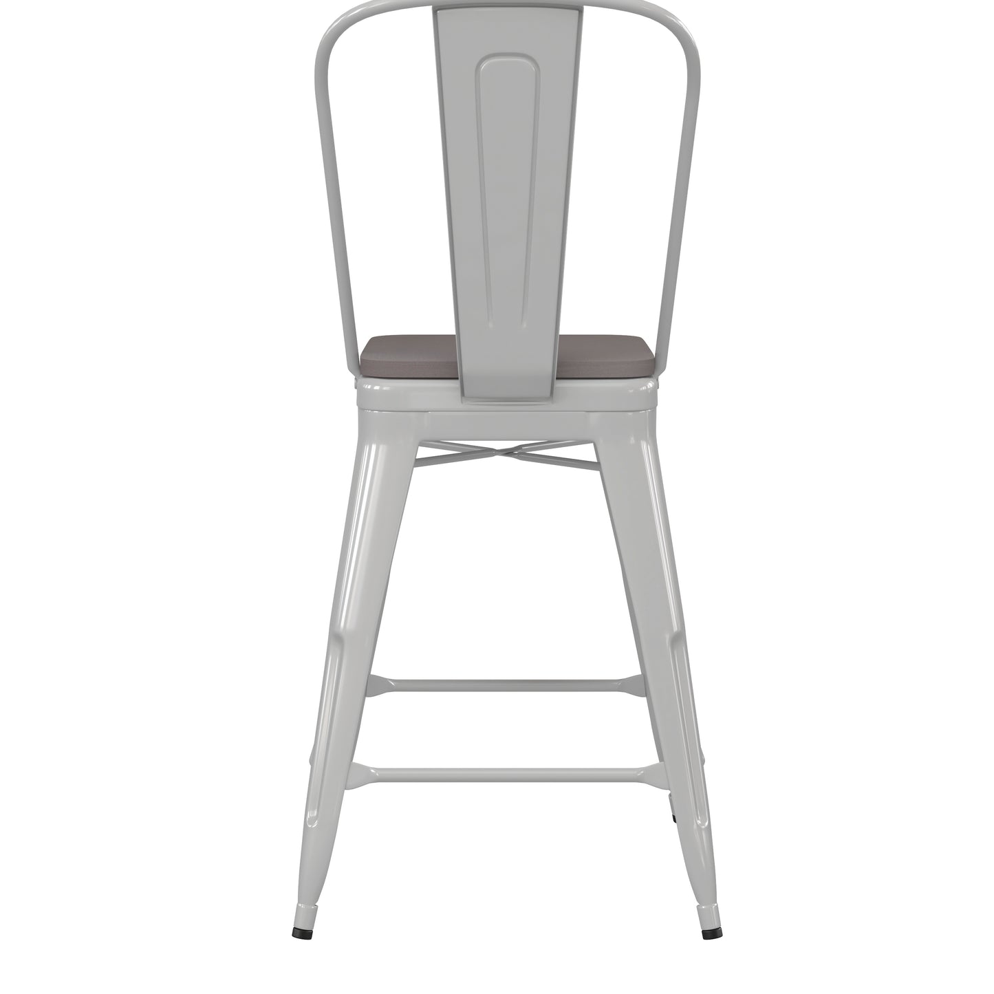 Kai Commercial Grade 24" High White Metal Indoor-Outdoor Counter Height Stool with Removable Back and Gray All-Weather Poly Resin Seat Gray Seat/White Frame