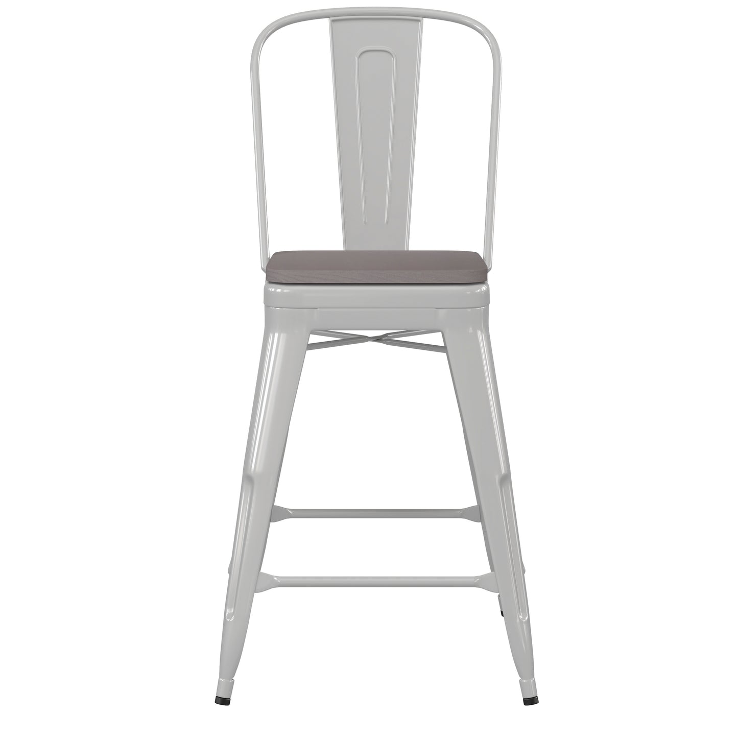 Kai Commercial Grade 24" High White Metal Indoor-Outdoor Counter Height Stool with Removable Back and Gray All-Weather Poly Resin Seat Gray Seat/White Frame