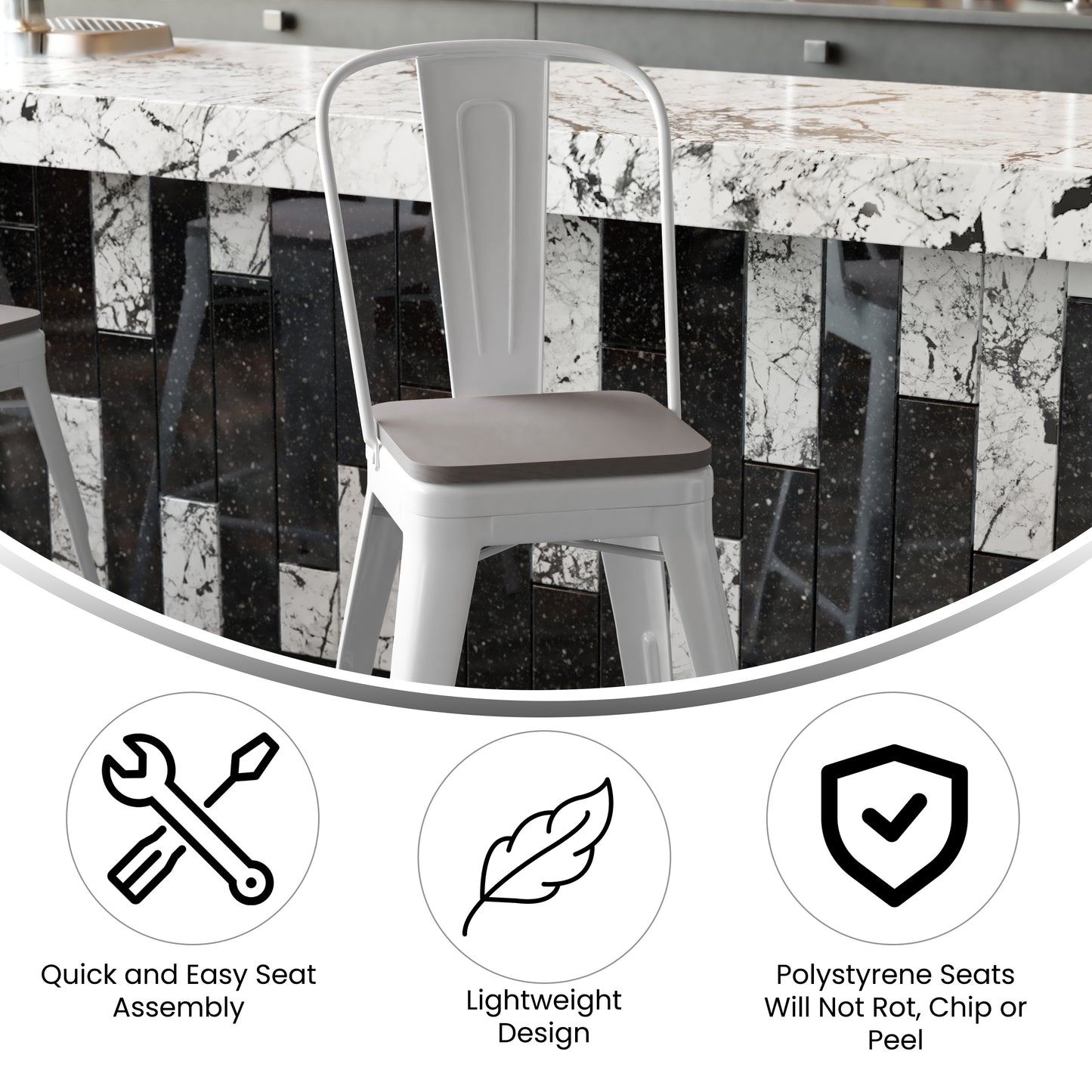 Kai Commercial Grade 24" High White Metal Indoor-Outdoor Counter Height Stool with Removable Back and Gray All-Weather Poly Resin Seat Gray Seat/White Frame