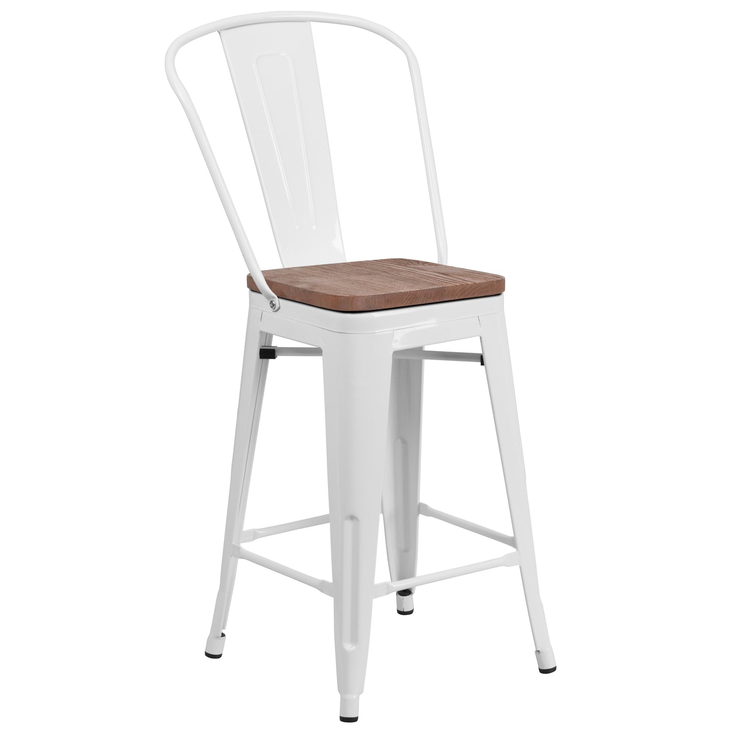 Lily 24" High White Metal Counter Height Stool with Back and Wood Seat White