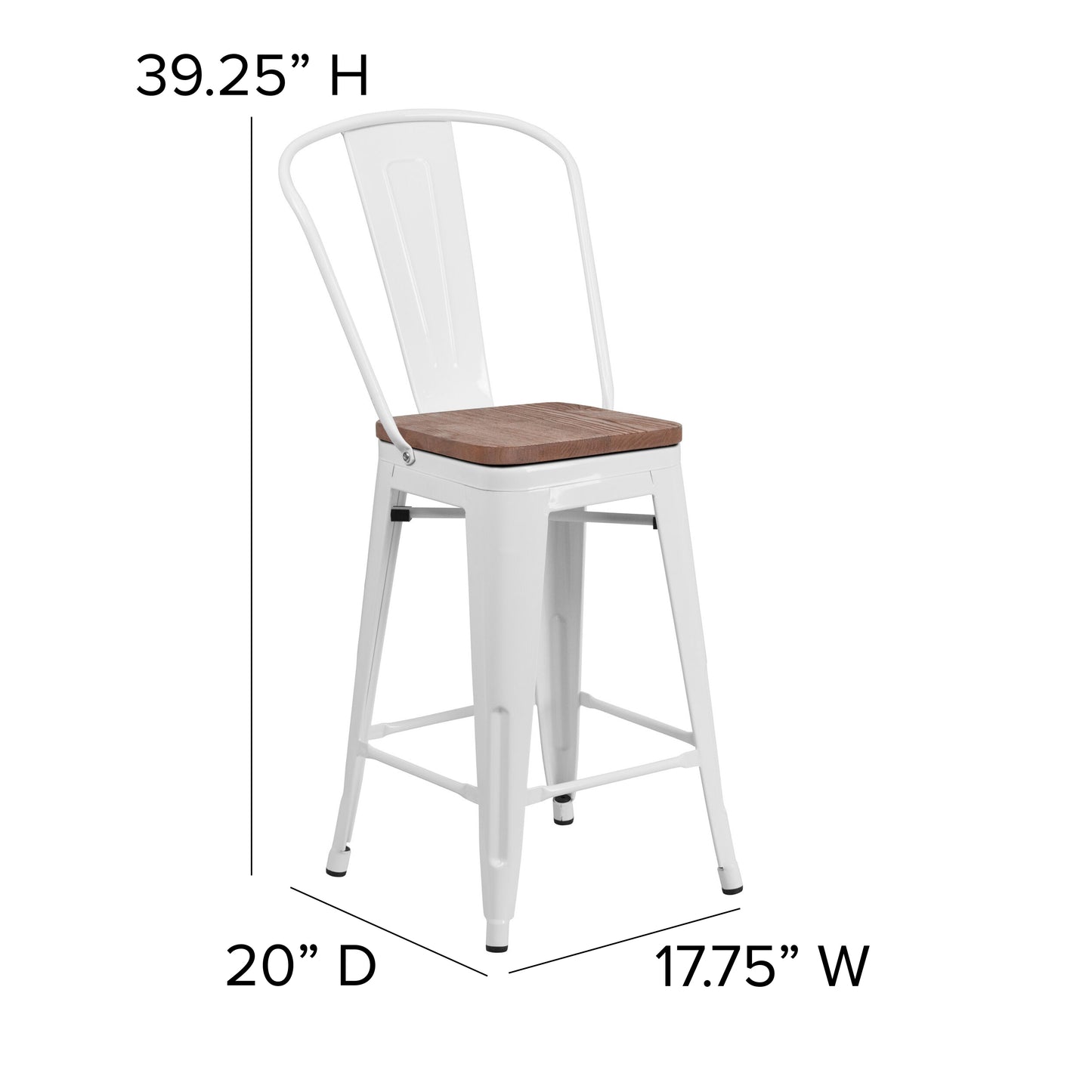 Lily 24" High White Metal Counter Height Stool with Back and Wood Seat White