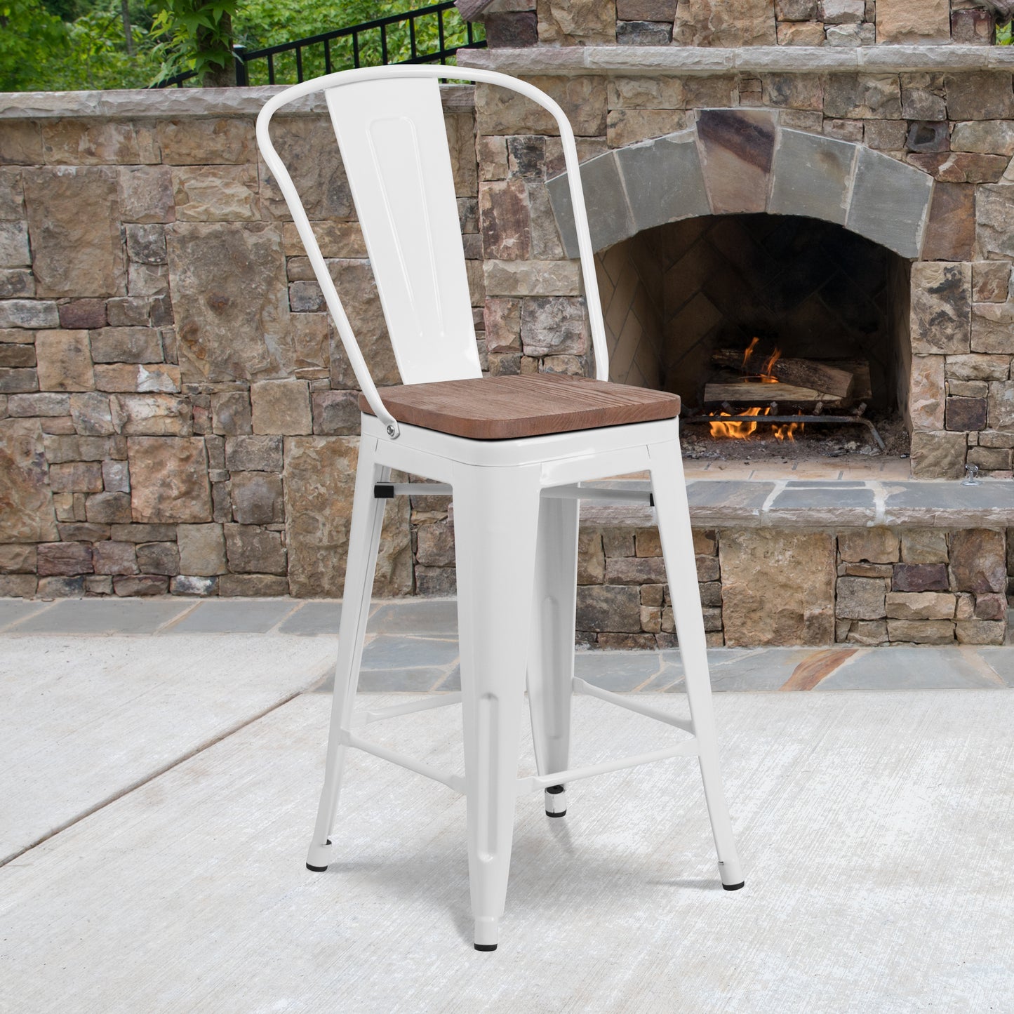 Lily 24" High White Metal Counter Height Stool with Back and Wood Seat White