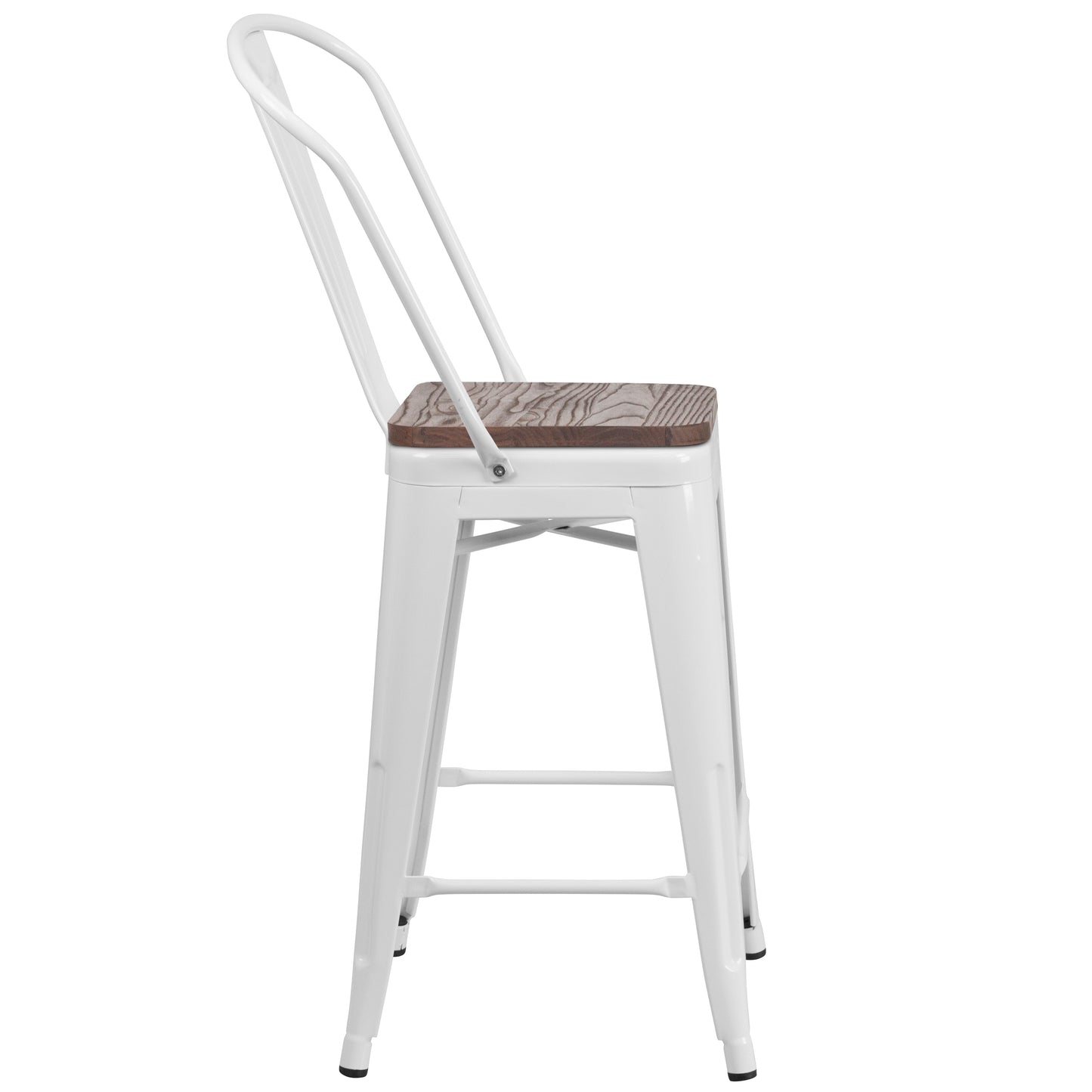 Lily 24" High White Metal Counter Height Stool with Back and Wood Seat White