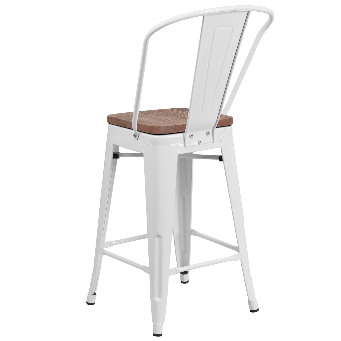 Lily 24" High White Metal Counter Height Stool with Back and Wood Seat White