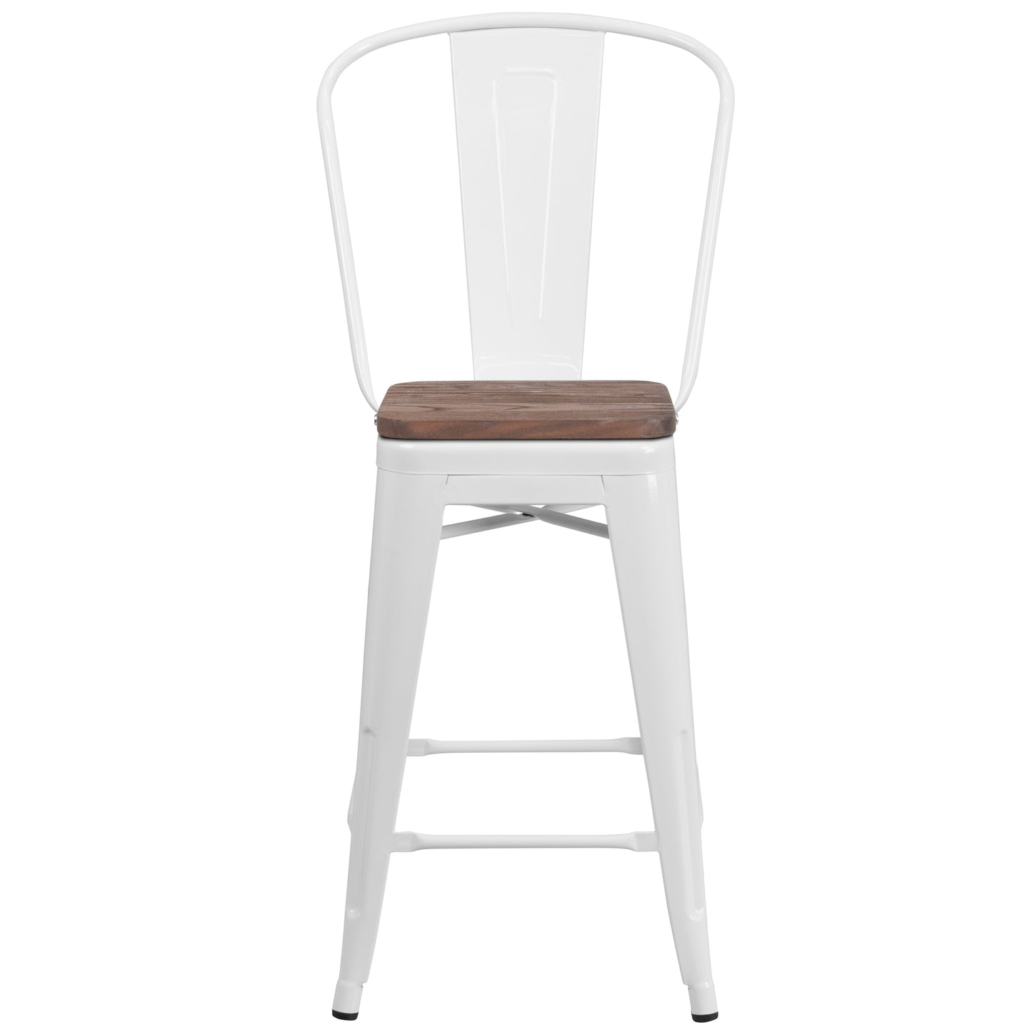 Lily 24" High White Metal Counter Height Stool with Back and Wood Seat White