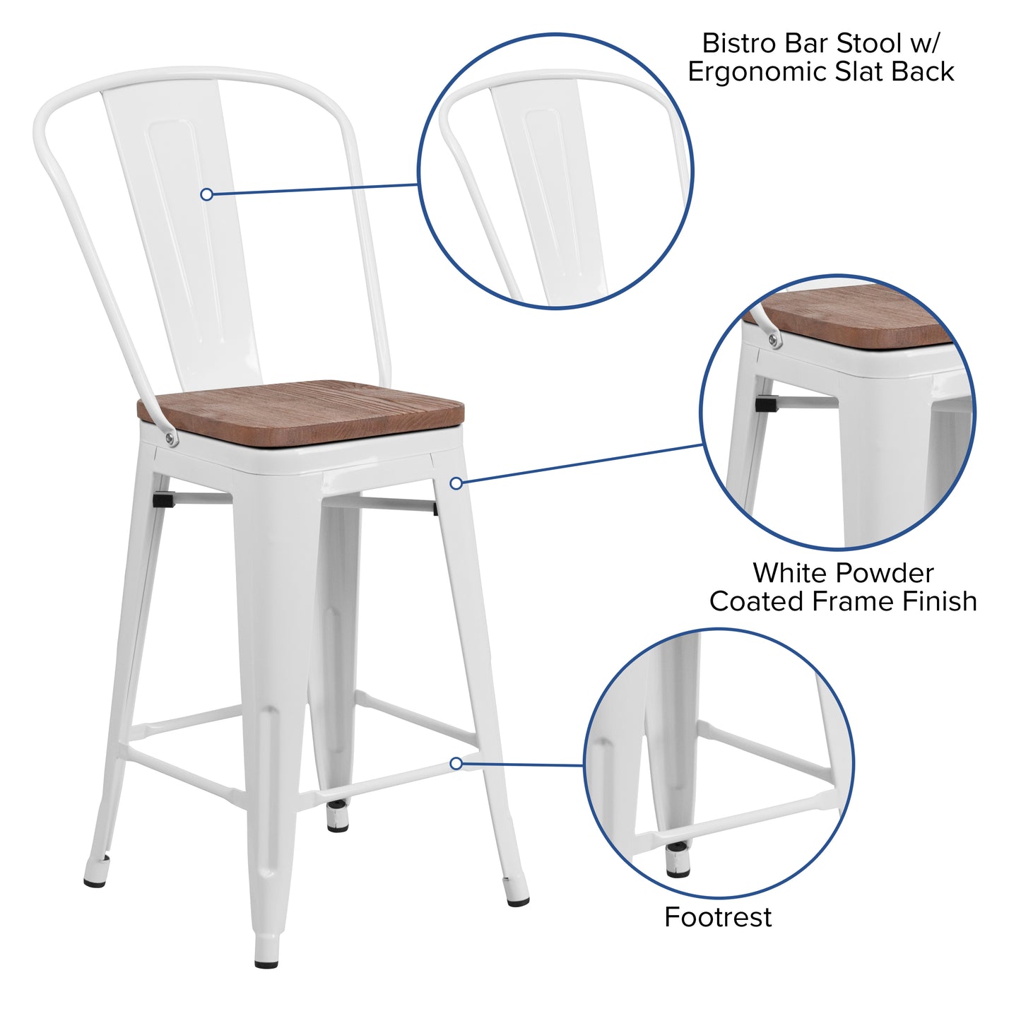 Lily 24" High White Metal Counter Height Stool with Back and Wood Seat White