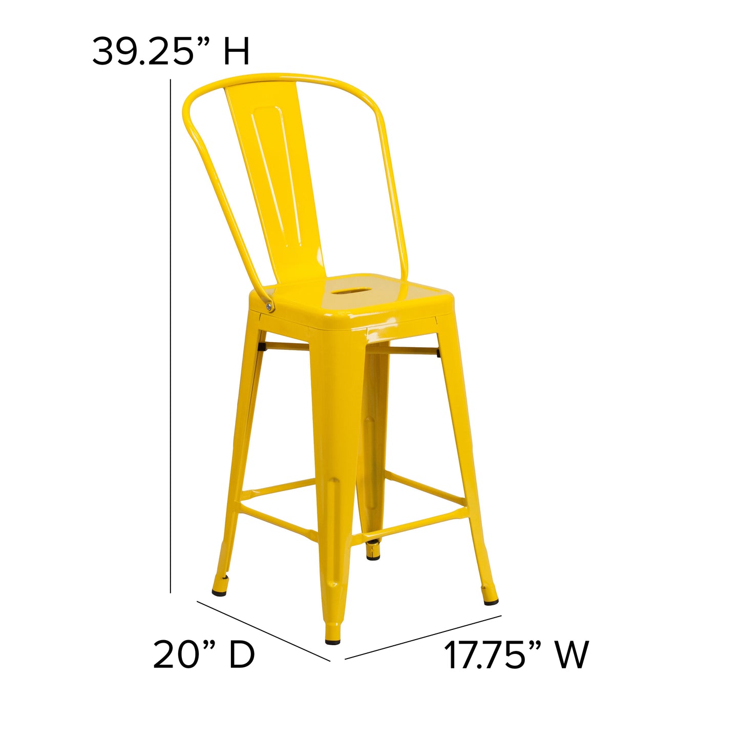 Kai Commercial Grade 24" High Yellow Metal Indoor-Outdoor Counter Height Stool with Removable Back Yellow