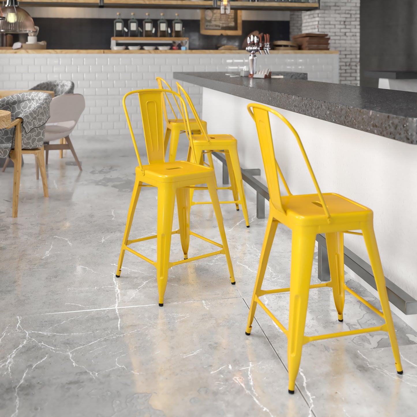Kai Commercial Grade 24" High Yellow Metal Indoor-Outdoor Counter Height Stool with Removable Back Yellow