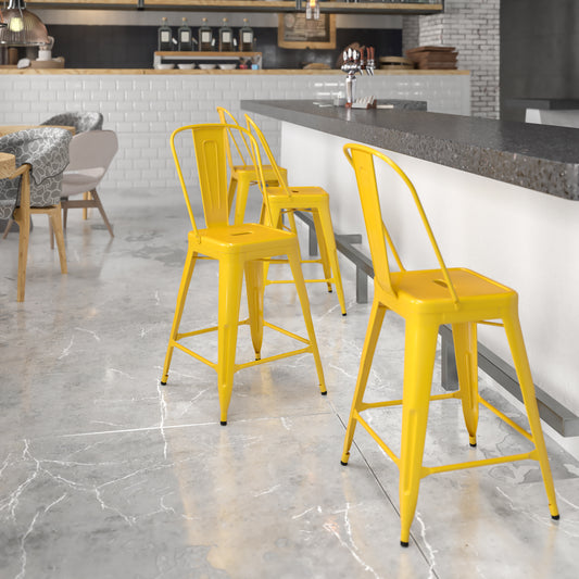 Kai Commercial Grade 24" High Yellow Metal Indoor-Outdoor Counter Height Stool with Removable Back Yellow