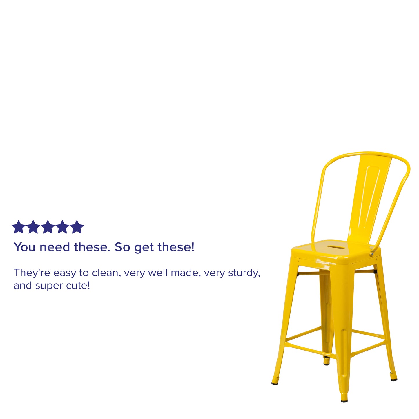 Kai Commercial Grade 24" High Yellow Metal Indoor-Outdoor Counter Height Stool with Removable Back Yellow