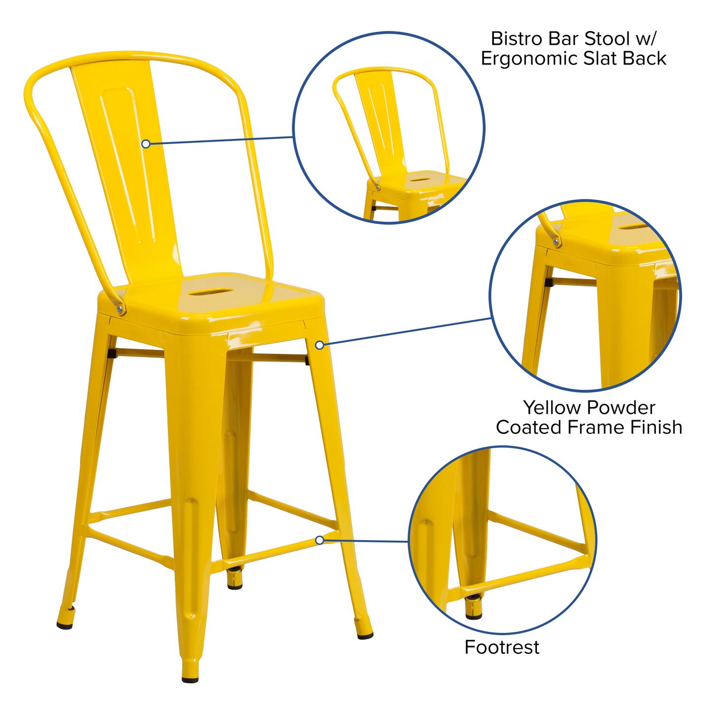 Kai Commercial Grade 24" High Yellow Metal Indoor-Outdoor Counter Height Stool with Removable Back Yellow
