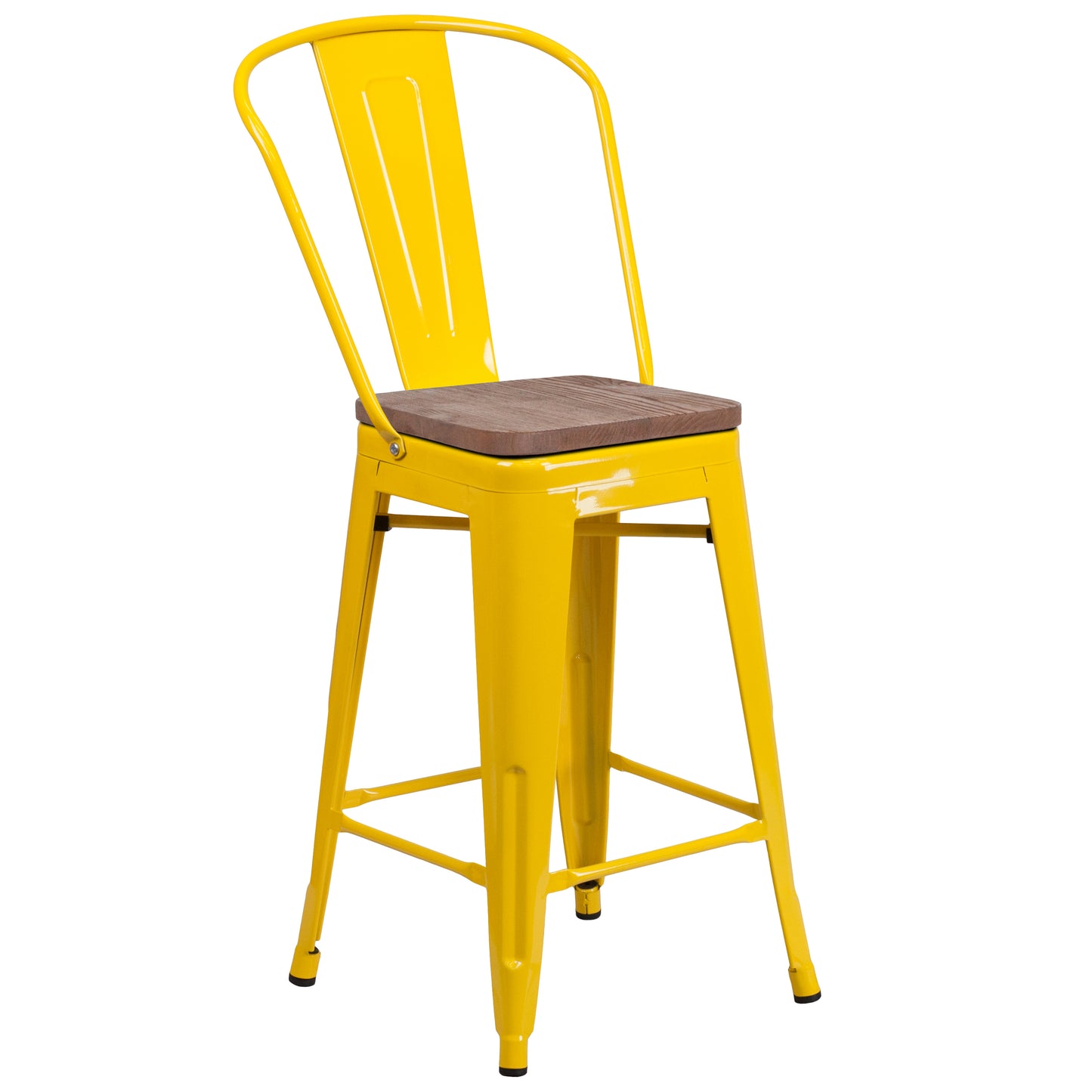 Lily 24" High Yellow Metal Counter Height Stool with Back and Wood Seat Yellow