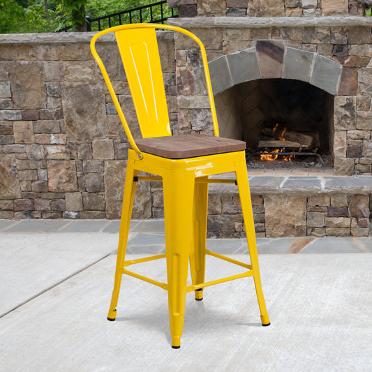 Lily 24" High Yellow Metal Counter Height Stool with Back and Wood Seat Yellow