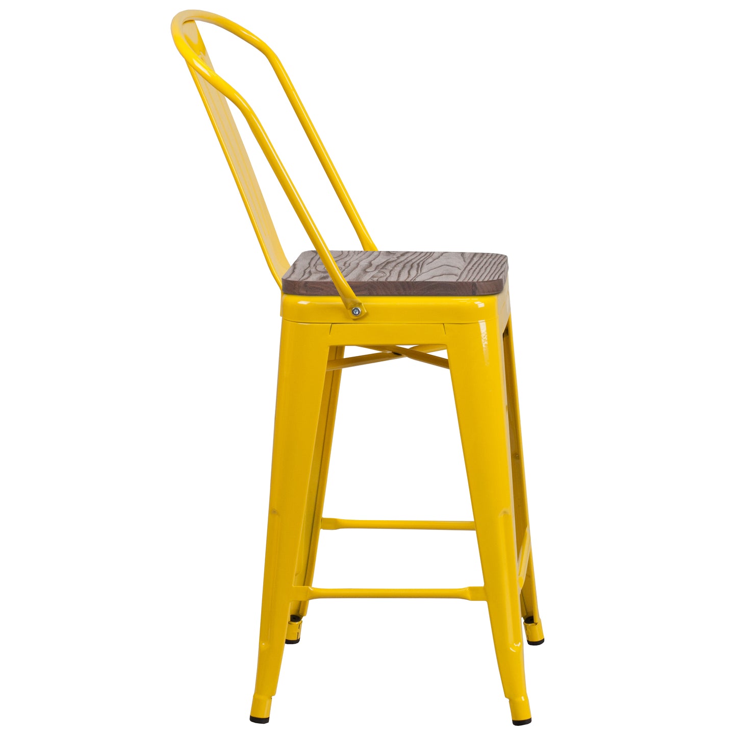 Lily 24" High Yellow Metal Counter Height Stool with Back and Wood Seat Yellow